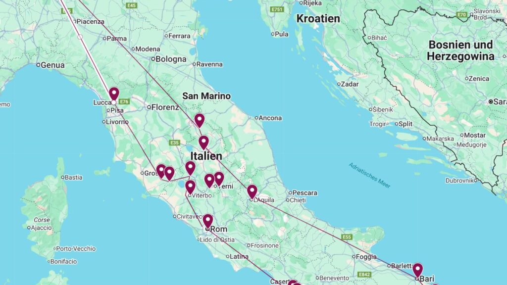 Italien Rundreise mit dem Auto - Tipps & Inspiration - Reiseroute auf Karte