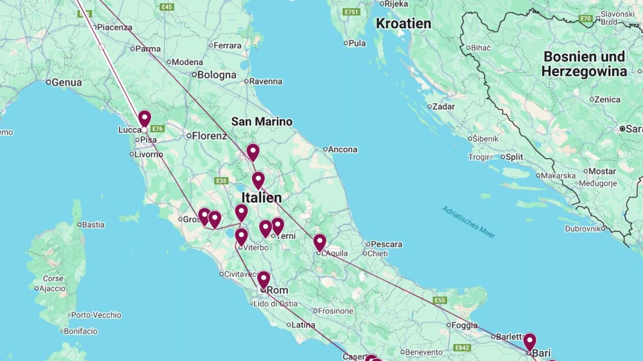 Italien Rundreise mit dem Auto - Tipps & Inspiration - Reiseroute auf Karte